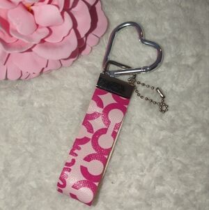 Coach Pink Signature Print Wristlet Key Fob Upcycled Material W/ Heart Carabiner